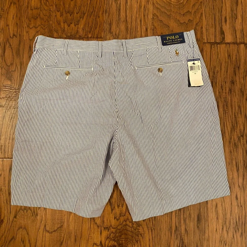 Polo Ralph Lauren Seersucker Shorts Mens 40 Blue White Stretch Classic Fit